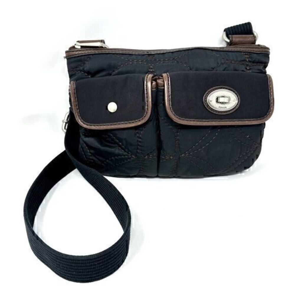 Fossil‎ Key Per Black and Brown Silver Hardware Quilted Fabric Crossbody Bag